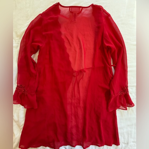 Vintage Lucie Ann red sheer robe sequins beads long sleeve ruffle cuffs S - Picture 8 of 11